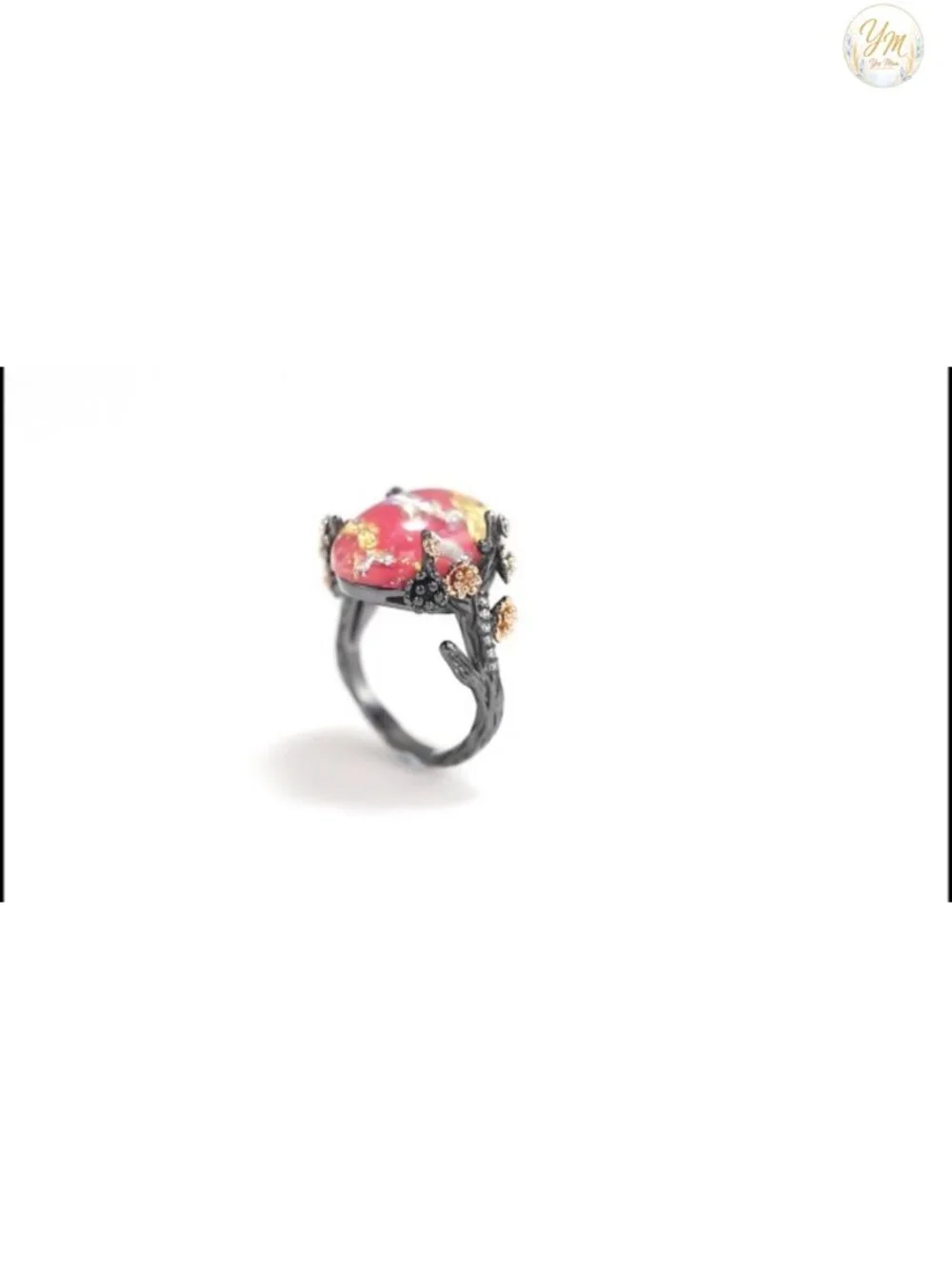 Henrietta Gothic Opal Ring, Simulated White Fire Opal CZ Black Rose Gold Plated